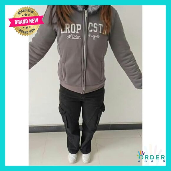 Y2K Zip Up Hoodie Fur Collar Crop Jacket Grunge Streetwear Vintage Polyester - Picture 3 of 8